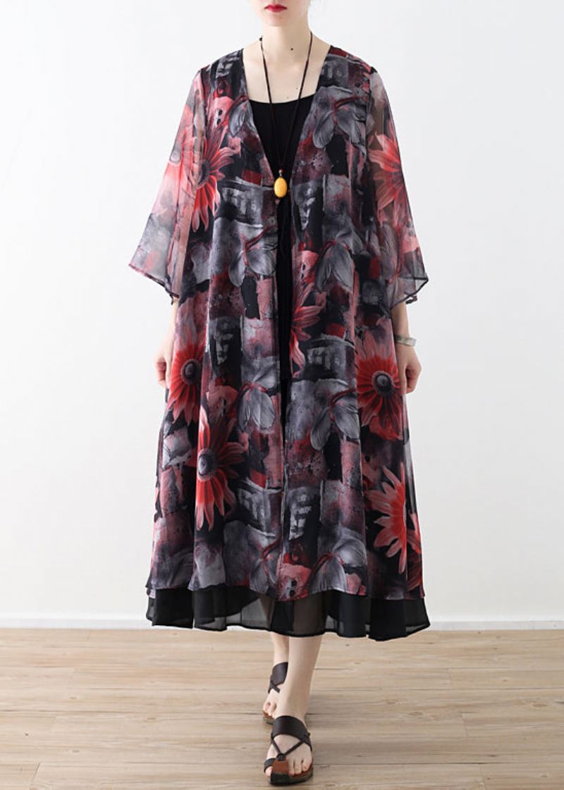 Art Rød Printet Chiffon Kåpe Robe Sommer Kjoler Cardigan