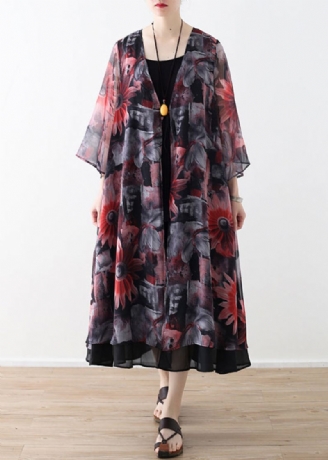 Art Rød Printet Chiffon Kåpe Robe Sommer Kjoler Cardigan