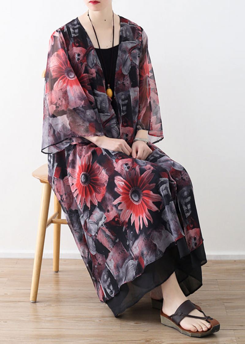 Art Rød Printet Chiffon Kåpe Robe Sommer Kjoler Cardigan - Grønn