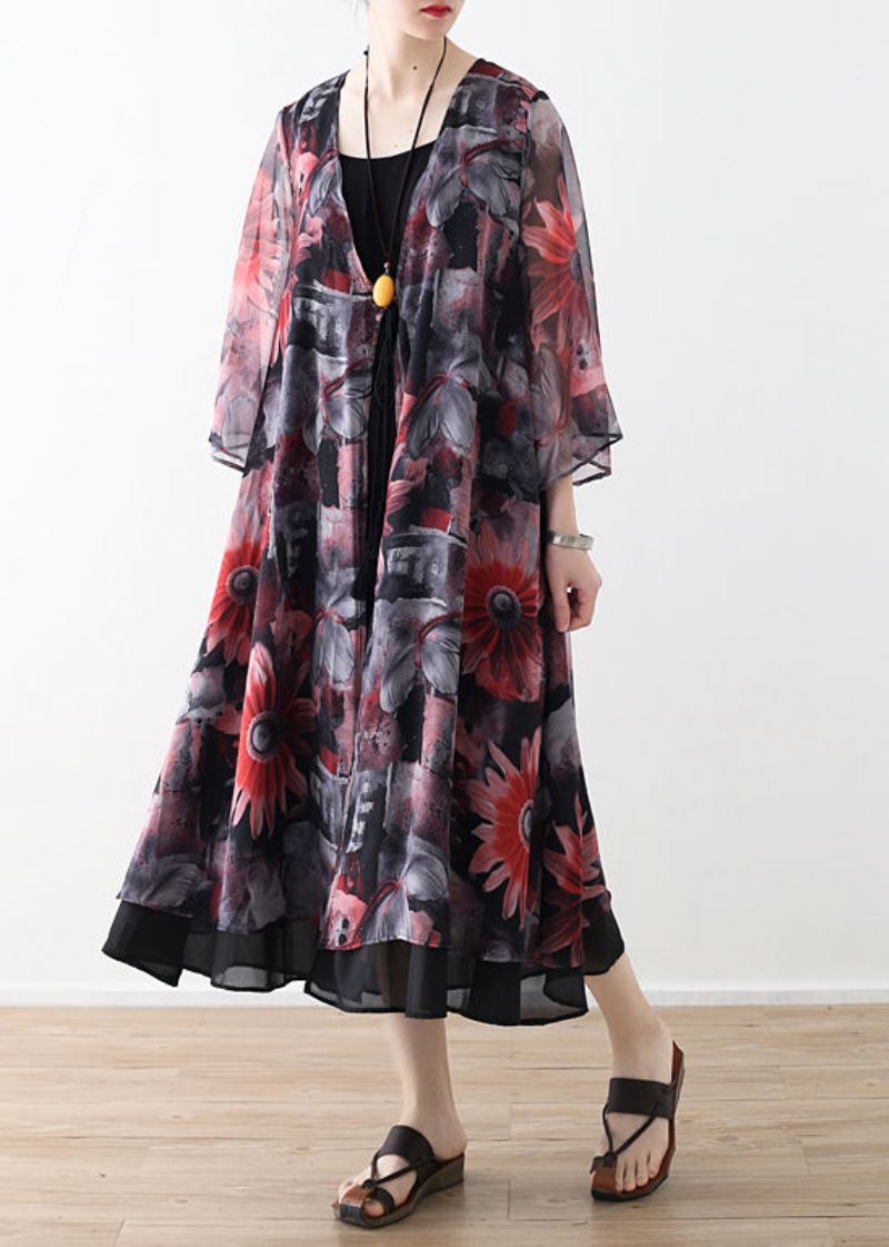 Art Rød Printet Chiffon Kåpe Robe Sommer Kjoler Cardigan - Grønn