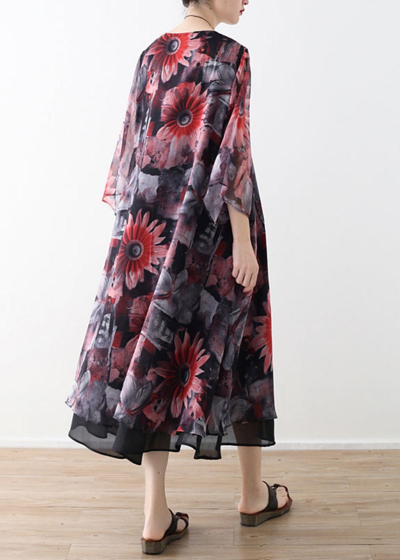 Art Rød Printet Chiffon Kåpe Robe Sommer Kjoler Cardigan - Grønn