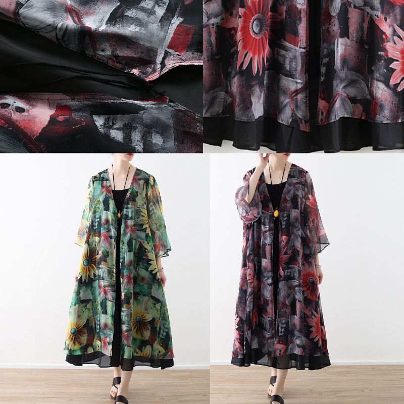 Art Rød Printet Chiffon Kåpe Robe Sommer Kjoler Cardigan - Grønn