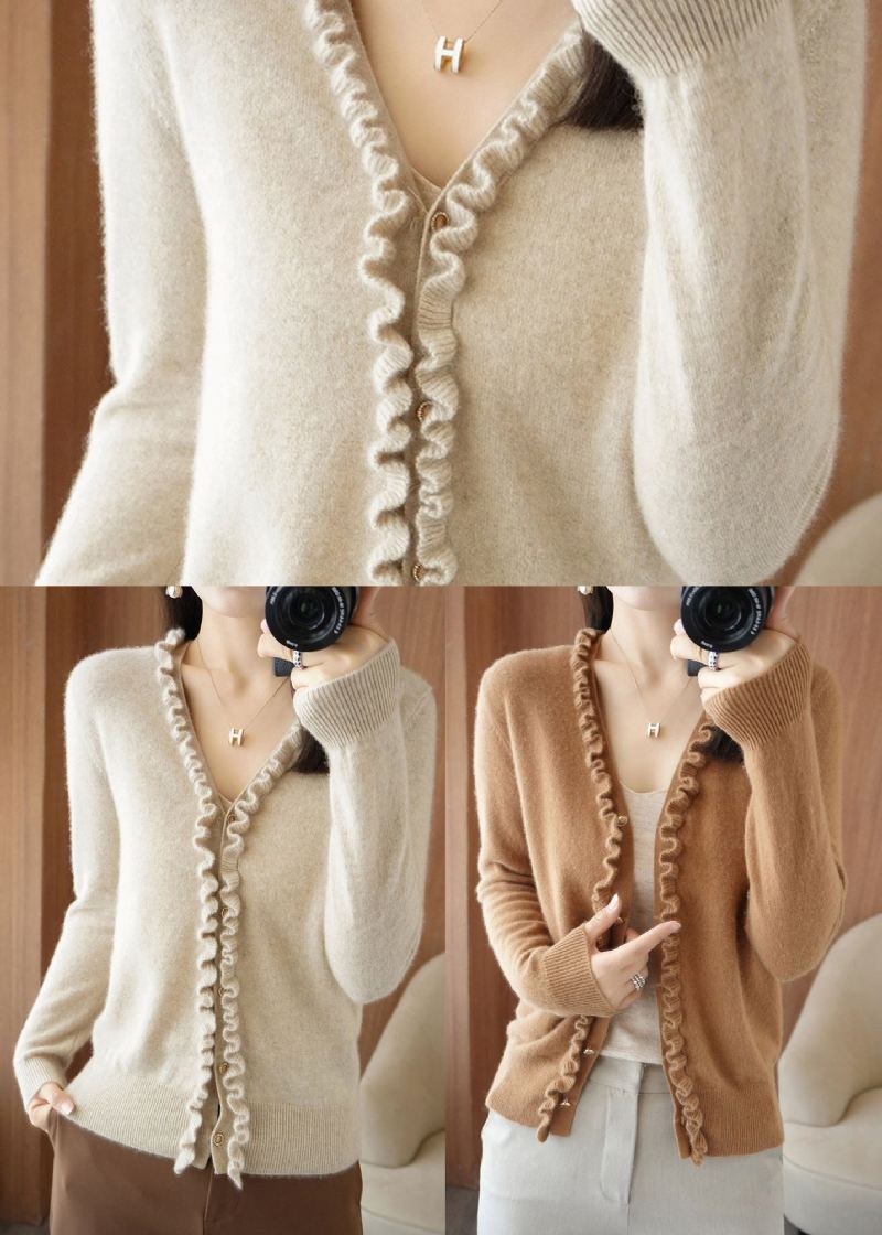 Beige Camel Color Button Tykke Cashmere Strikkede Cardigans Langermet - Beige Kamelfarge