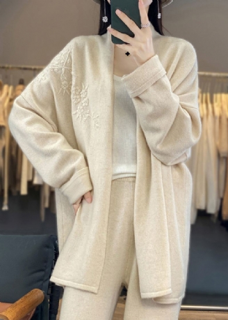 Beige Koselig Patchwork Cashmere Cardigan V-hals Langermet