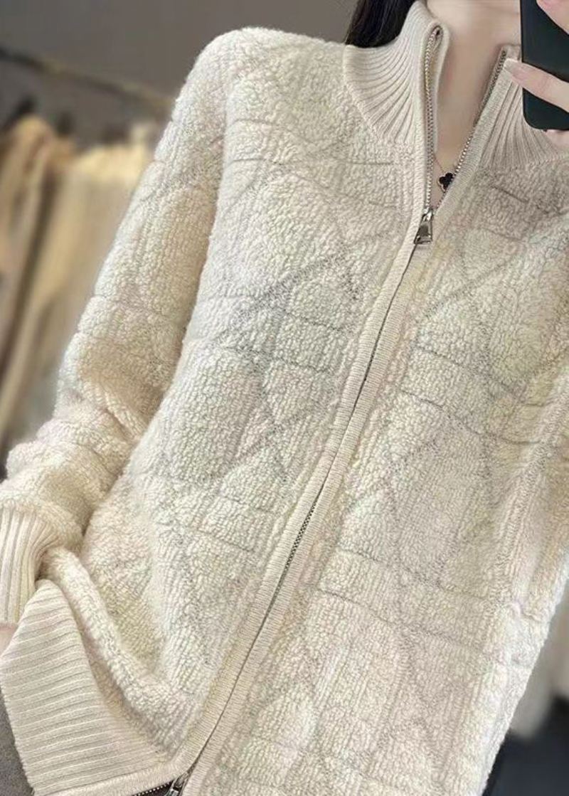 Beige Koselig Patchwork Ull Kåper Stativ Krage Langermet - Cardigans for kvinner