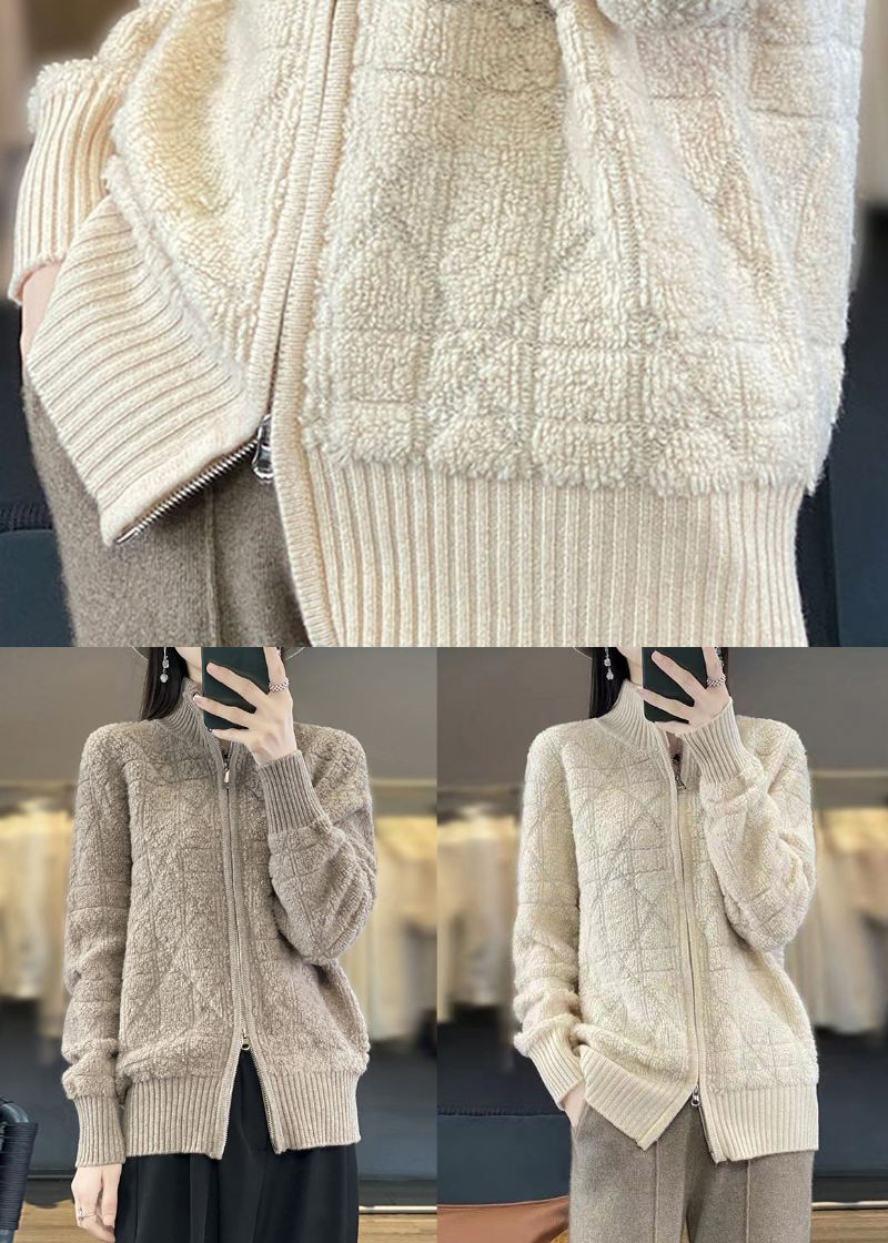 Beige Koselig Patchwork Ull Kåper Stativ Krage Langermet - Cardigans for kvinner