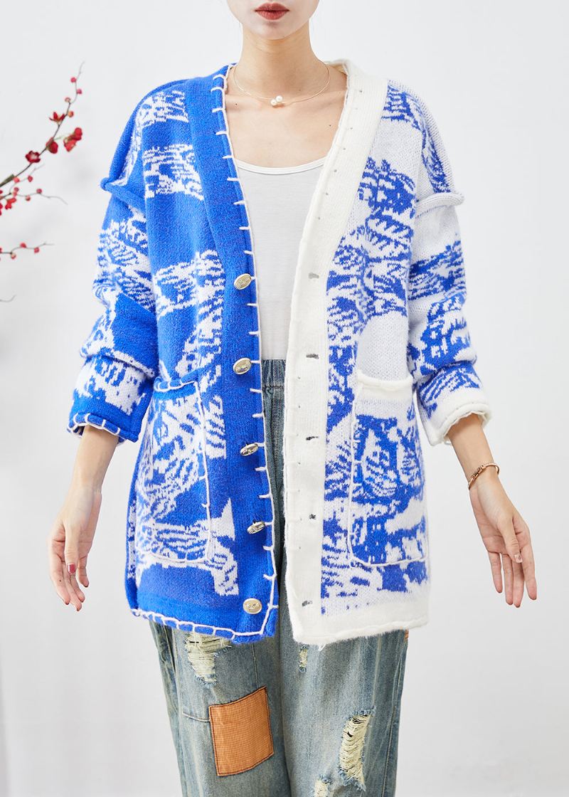 Blå Tie Dye Knit Cardigan Asymmetrisk Button Down Fall