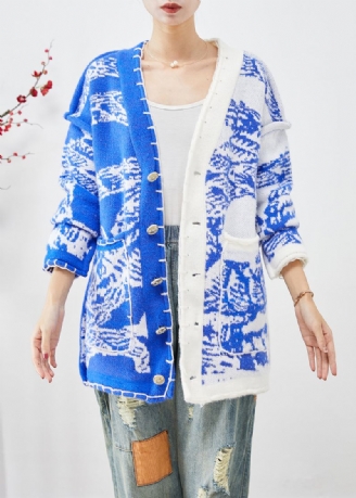 Blå Tie Dye Knit Cardigan Asymmetrisk Button Down Fall