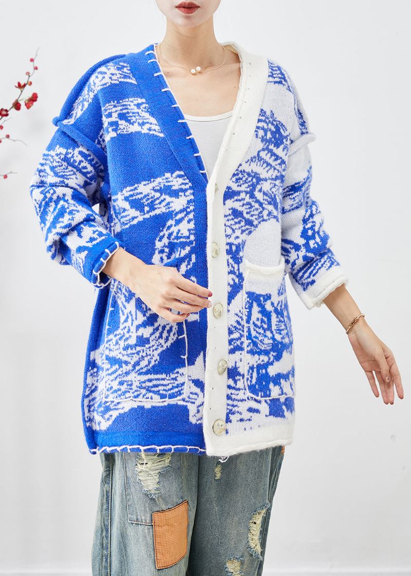 Blå Tie Dye Knit Cardigan Asymmetrisk Button Down Fall - Cardigans for kvinner