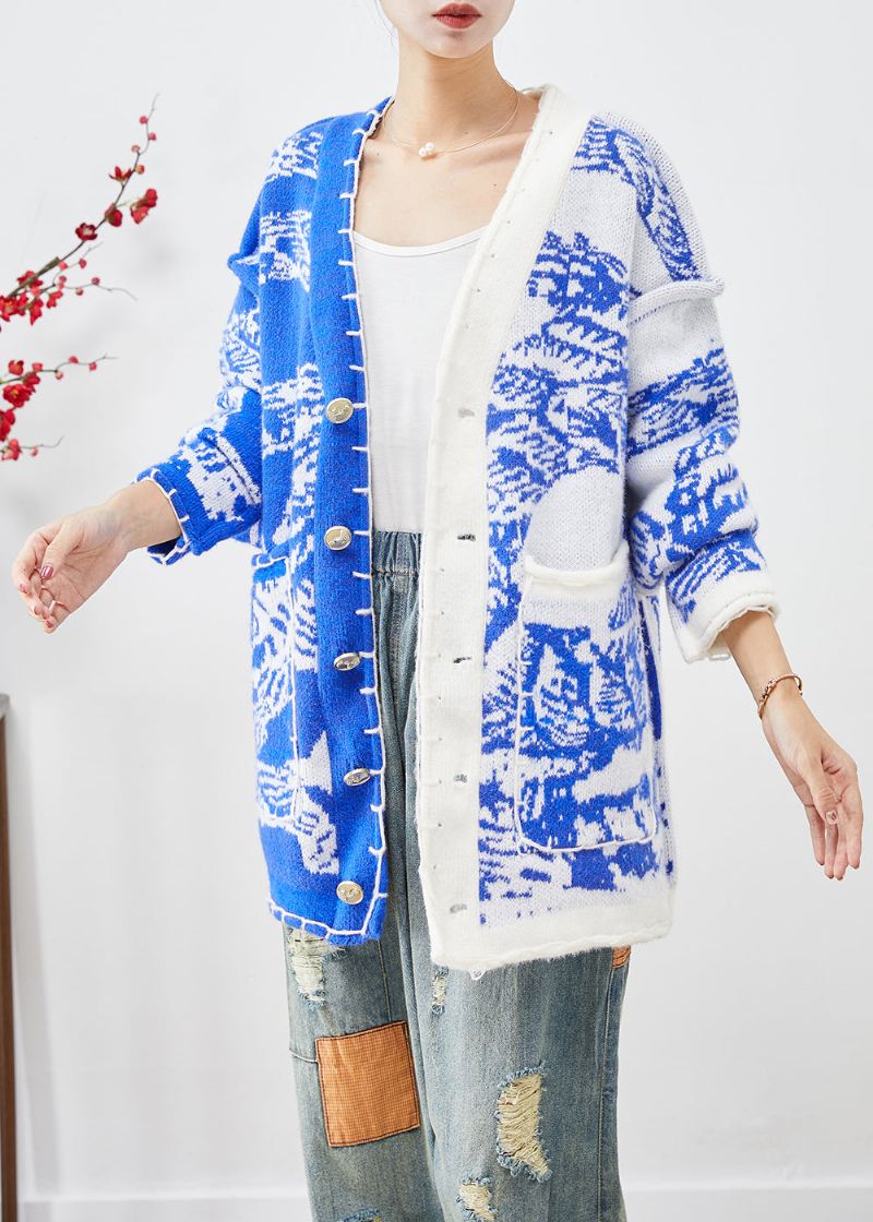 Blå Tie Dye Knit Cardigan Asymmetrisk Button Down Fall - Cardigans for kvinner