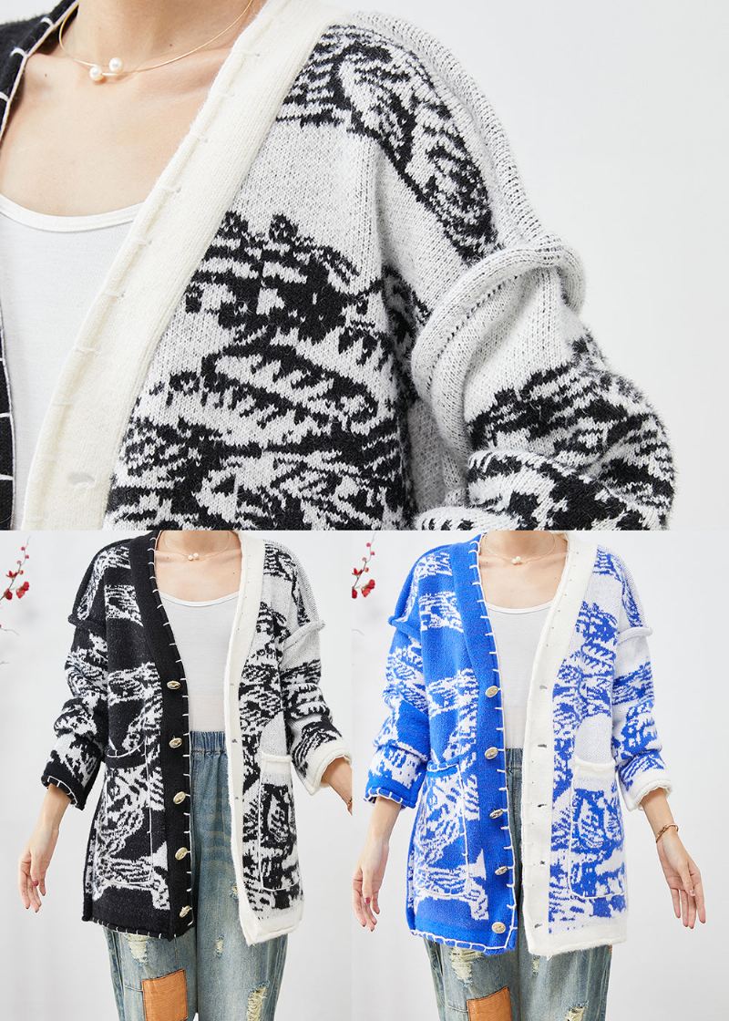 Blå Tie Dye Knit Cardigan Asymmetrisk Button Down Fall - Cardigans for kvinner