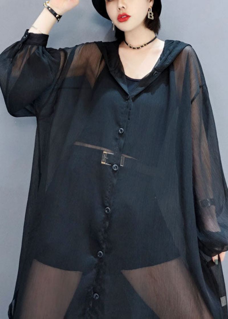 Black Loose Chiffon Upf 50+ Cardigans Oversized Side Open Summer - Cardigans for kvinner