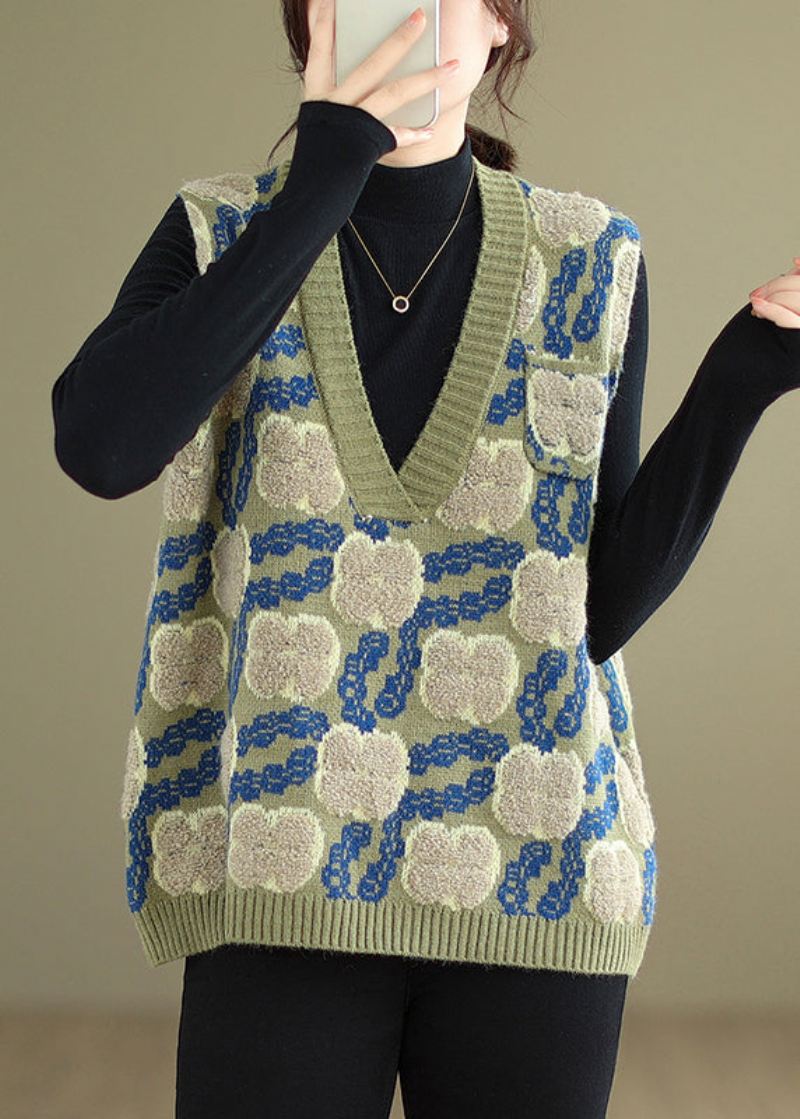 Blomstergrønn V-hals Patchwork Koselig Strikket Vest Ermeløs - Cardigans for kvinner