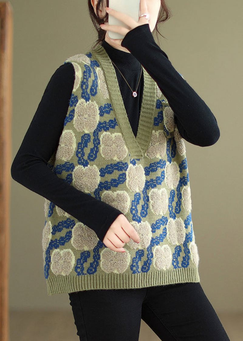 Blomstergrønn V-hals Patchwork Koselig Strikket Vest Ermeløs - Cardigans for kvinner