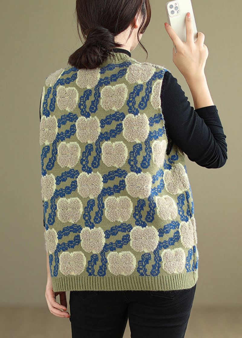 Blomstergrønn V-hals Patchwork Koselig Strikket Vest Ermeløs - Cardigans for kvinner