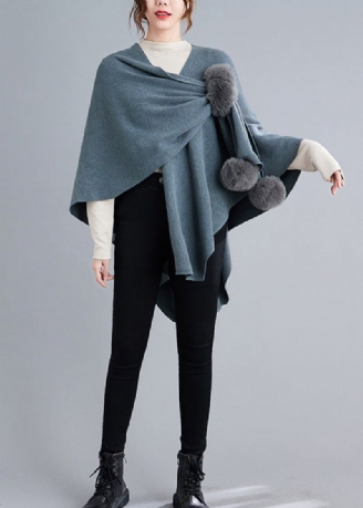 Blue Grey Patchwork Knit Cape Coats Fuzzy Ball Asymmetrisk Fall