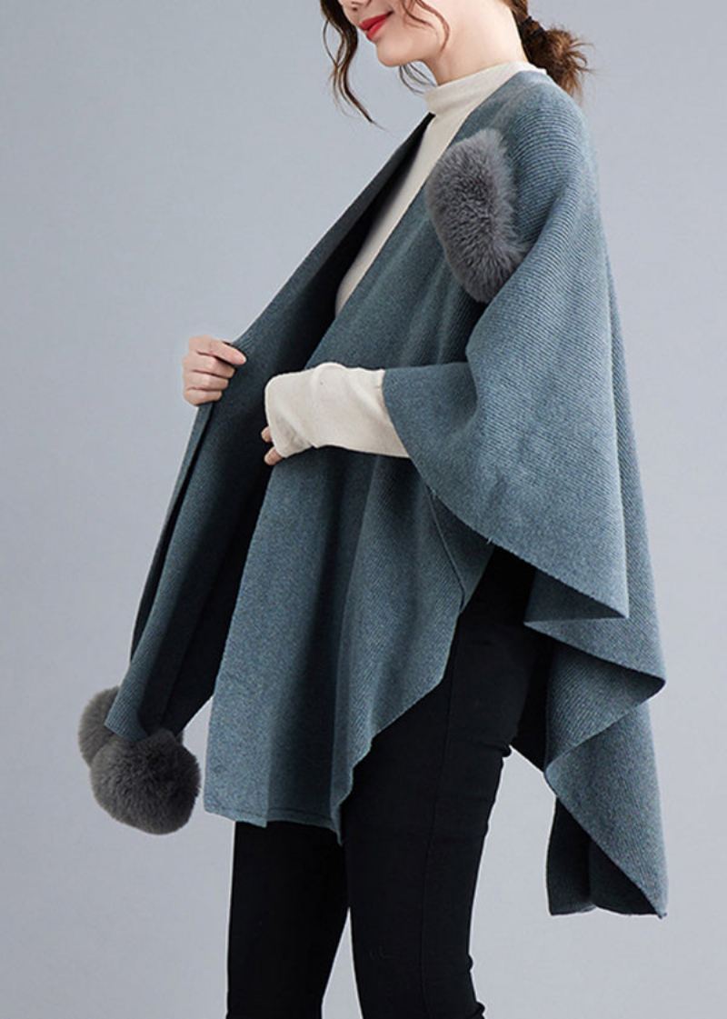 Blue Grey Patchwork Knit Cape Coats Fuzzy Ball Asymmetrisk Fall - Cardigans for kvinner