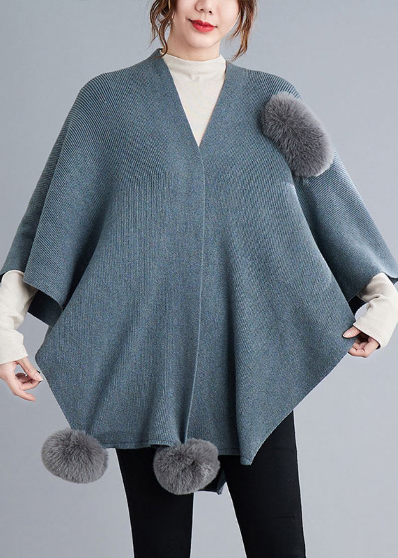 Blue Grey Patchwork Knit Cape Coats Fuzzy Ball Asymmetrisk Fall - Cardigans for kvinner