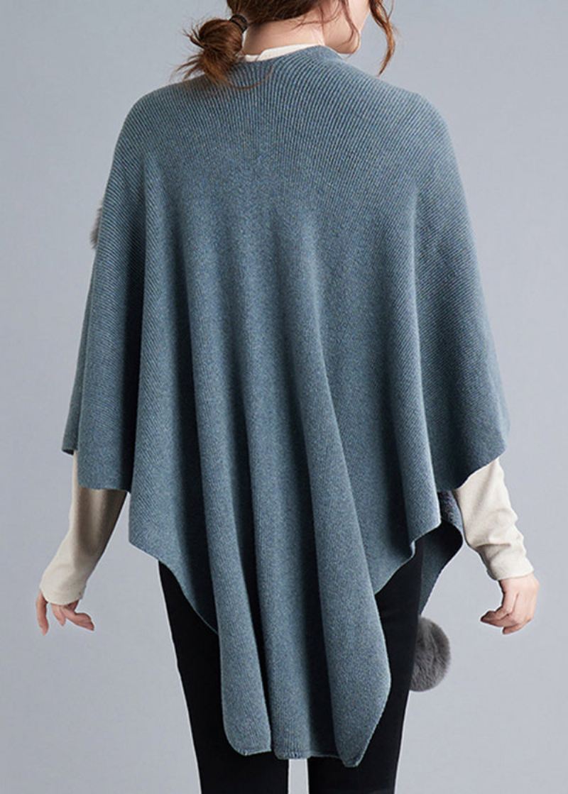 Blue Grey Patchwork Knit Cape Coats Fuzzy Ball Asymmetrisk Fall - Cardigans for kvinner