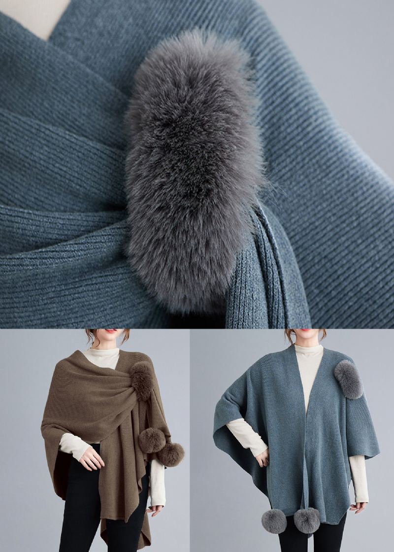 Blue Grey Patchwork Knit Cape Coats Fuzzy Ball Asymmetrisk Fall - Cardigans for kvinner