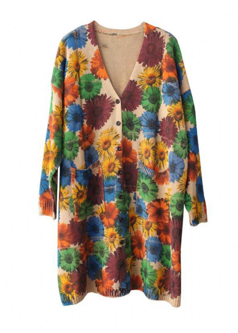 Bohemian Apricot V Neck Print Lommer Fall Strikket Cardigan Langermet - Cardigans for kvinner