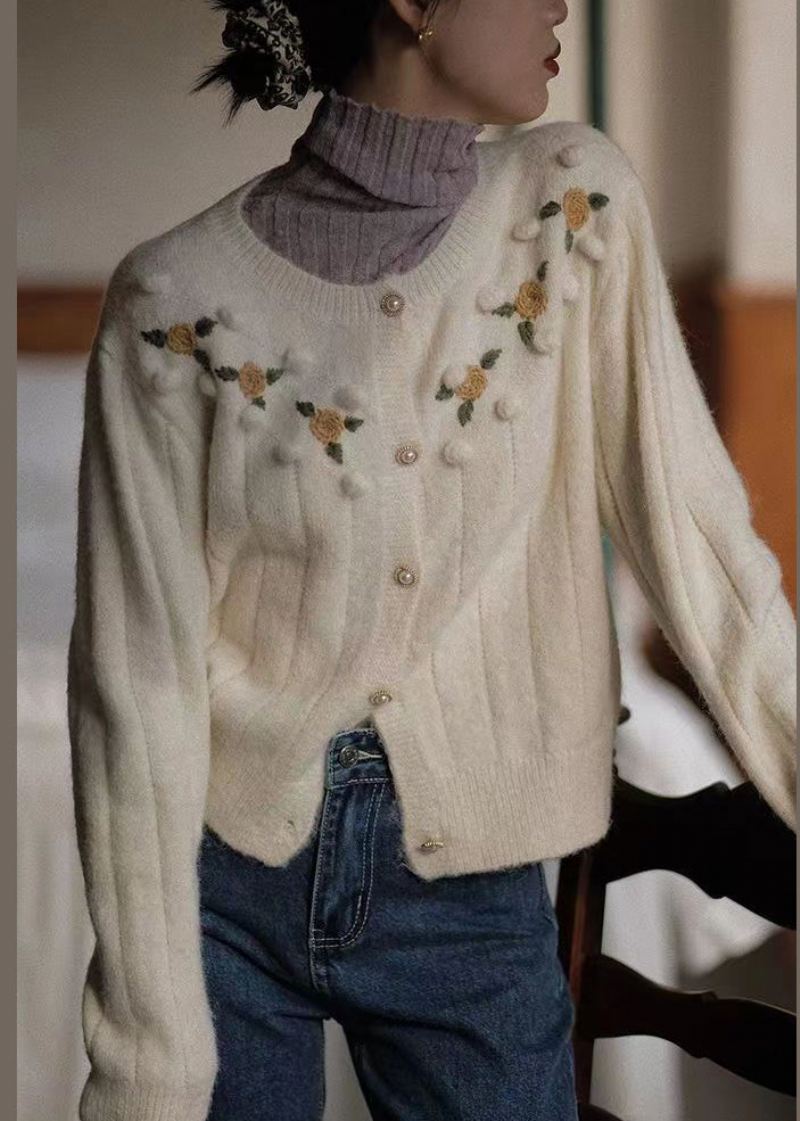 Bohemian Beige Brodert Button Patchwork Knit Coats Høst - Cardigans for kvinner