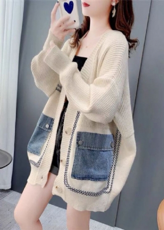 Bohemian Beige Oversized Denim Patchwork Knit Cardigan Winter