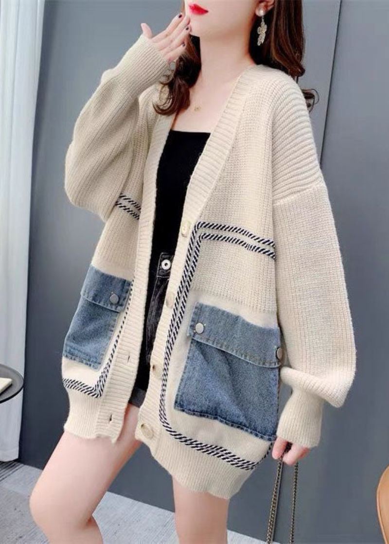 Bohemian Beige Oversized Denim Patchwork Knit Cardigan Winter - Cardigans for kvinner