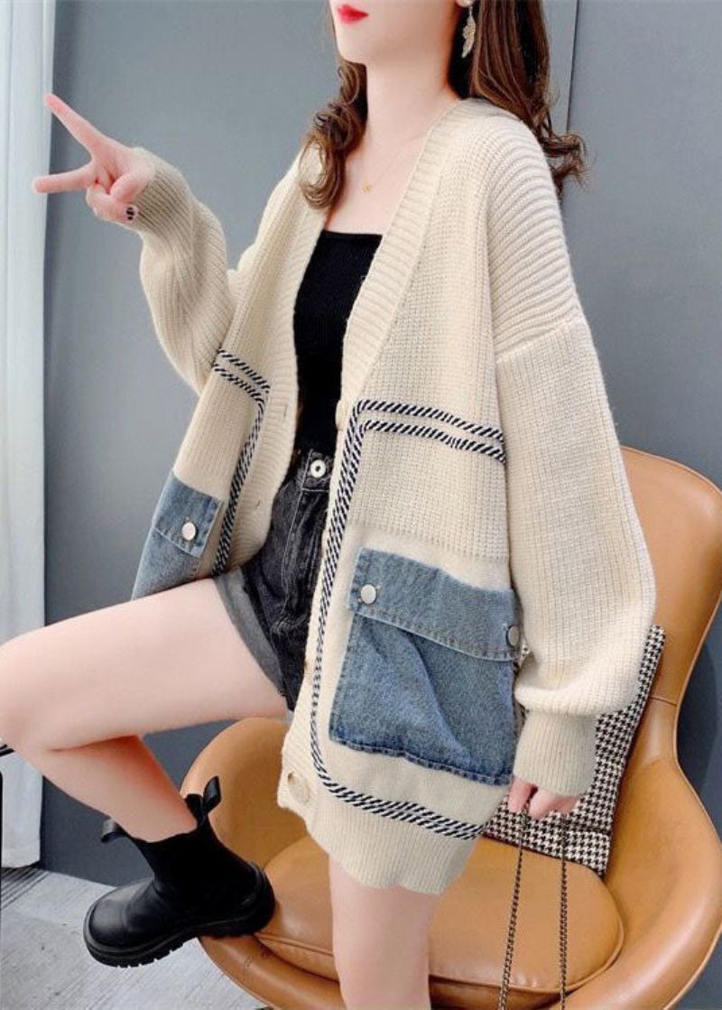 Bohemian Beige Oversized Denim Patchwork Knit Cardigan Winter - Cardigans for kvinner