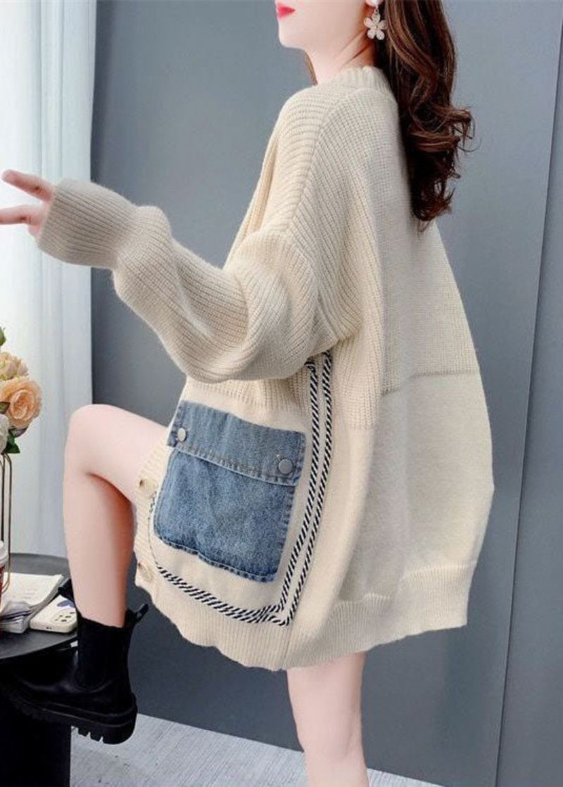 Bohemian Beige Oversized Denim Patchwork Knit Cardigan Winter - Cardigans for kvinner