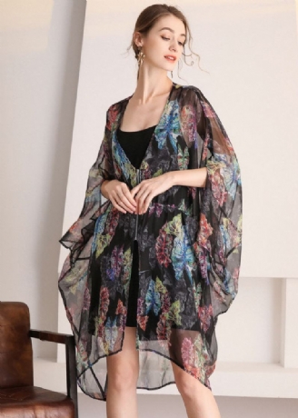 Bohemian Black Oversized Print Hollow Out Tulle Cardigan Summer