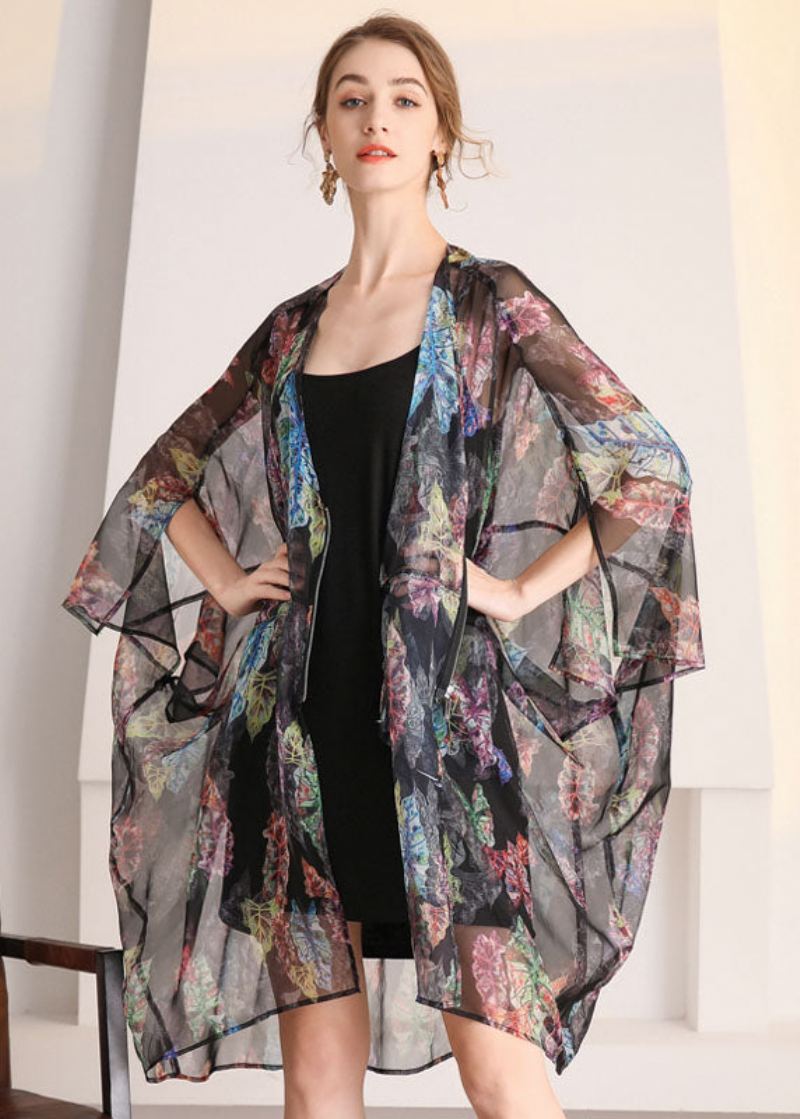 Bohemian Black Oversized Print Hollow Out Tulle Cardigan Summer - Cardigans for kvinner