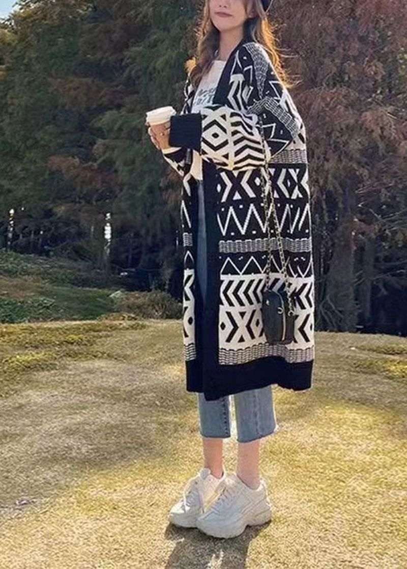 Bohemian Black Oversized Print Tykkstrikket Løs Cardigan Winter