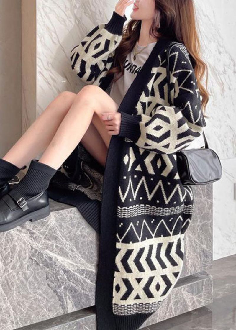 Bohemian Black Oversized Print Tykkstrikket Løs Cardigan Winter - Cardigans for kvinner