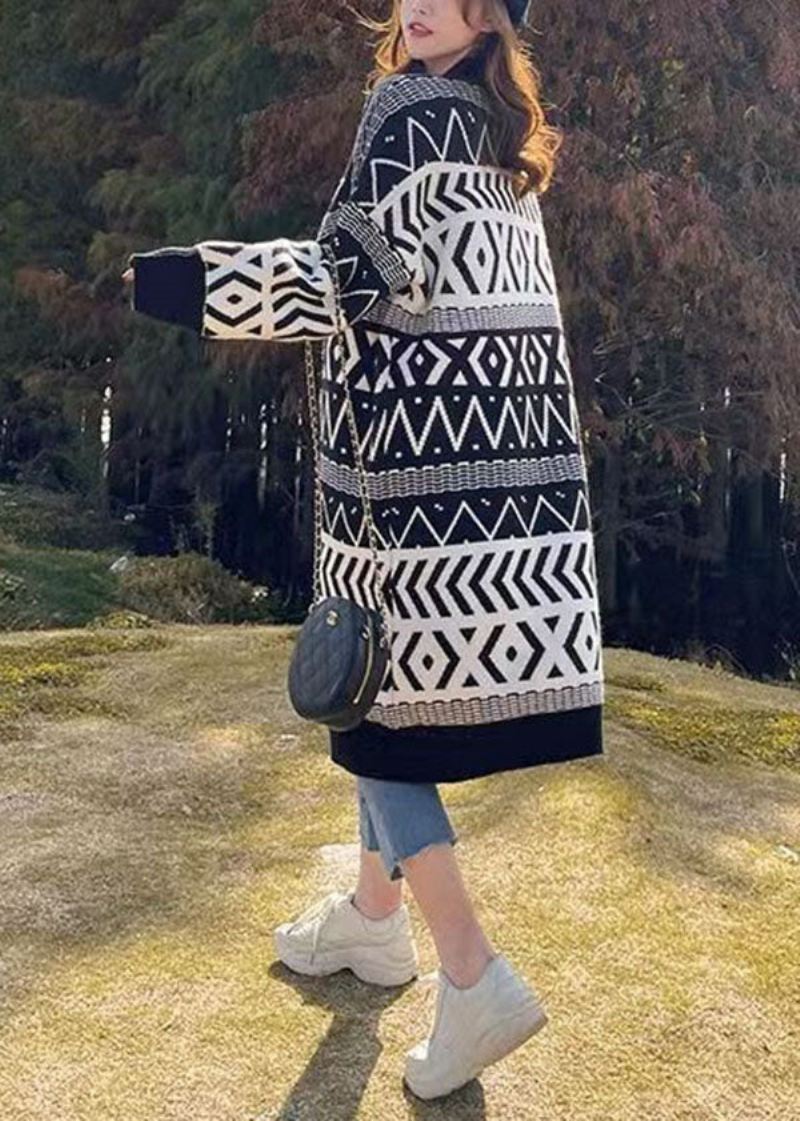 Bohemian Black Oversized Print Tykkstrikket Løs Cardigan Winter - Cardigans for kvinner