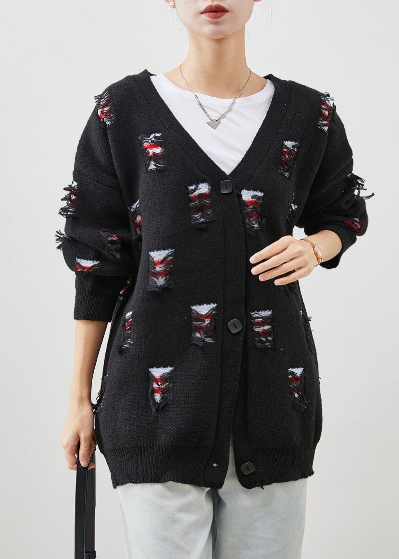 Bohemian Black Oversized Ripped Thick Knit Coat Spring - Cardigans for kvinner