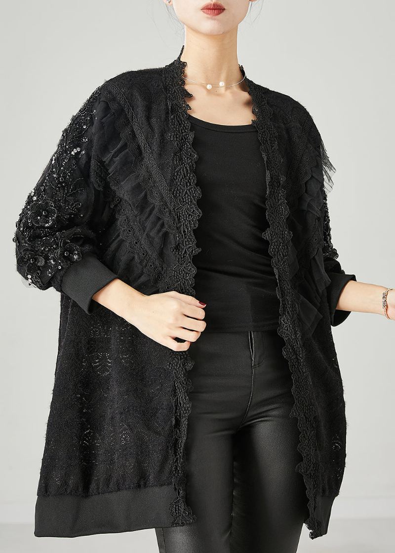 Bohemian Black Ruffled Nail Bead Lace Cardigan Spring - Cardigans for kvinner