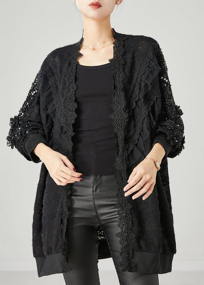 Bohemian Black Ruffled Nail Bead Lace Cardigan Spring - Cardigans for kvinner