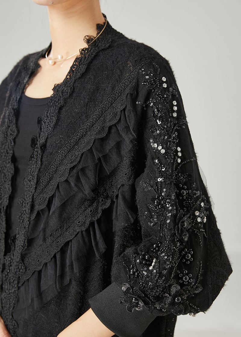 Bohemian Black Ruffled Nail Bead Lace Cardigan Spring - Cardigans for kvinner