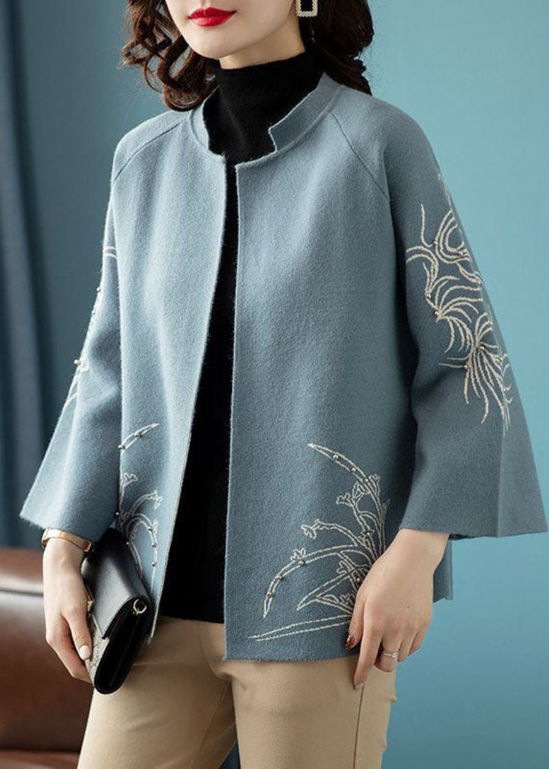 Bohemian Blue O-neck Print Ull Loose Coat Langermet - Blå