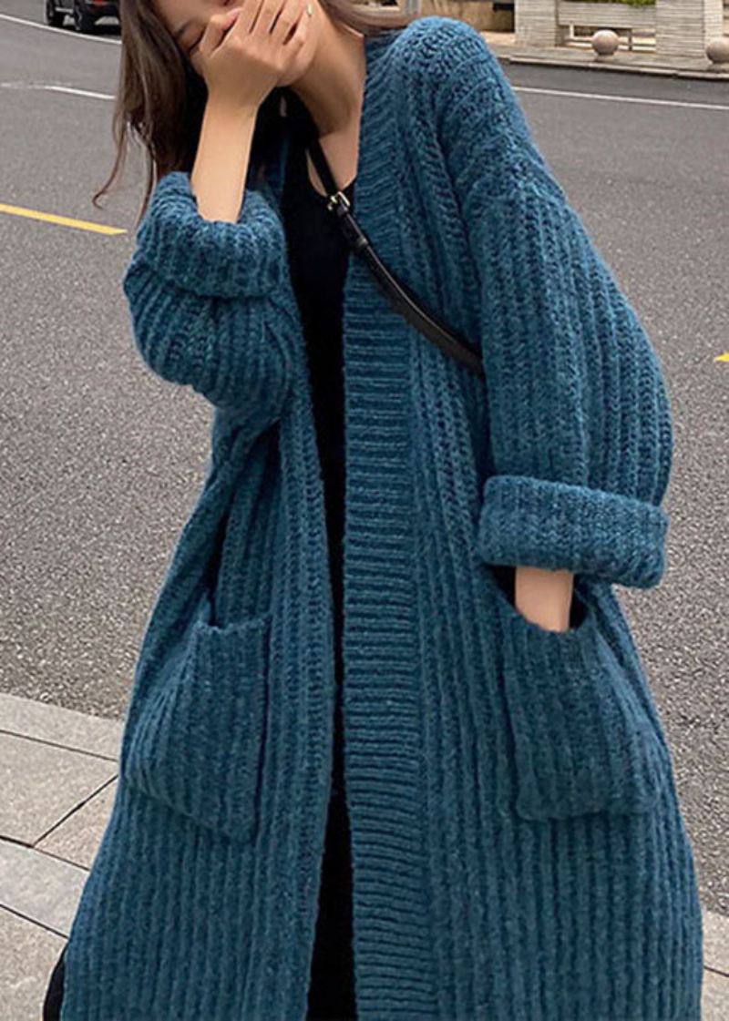 Bohemian Blue Pocket Knit Cardigan Spring - Blå