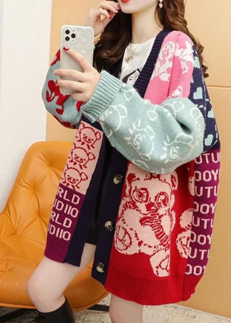 Bohemian Colorblock Oversized Patchwork Jacquard Knit Cardigan Winter - Cardigans for kvinner