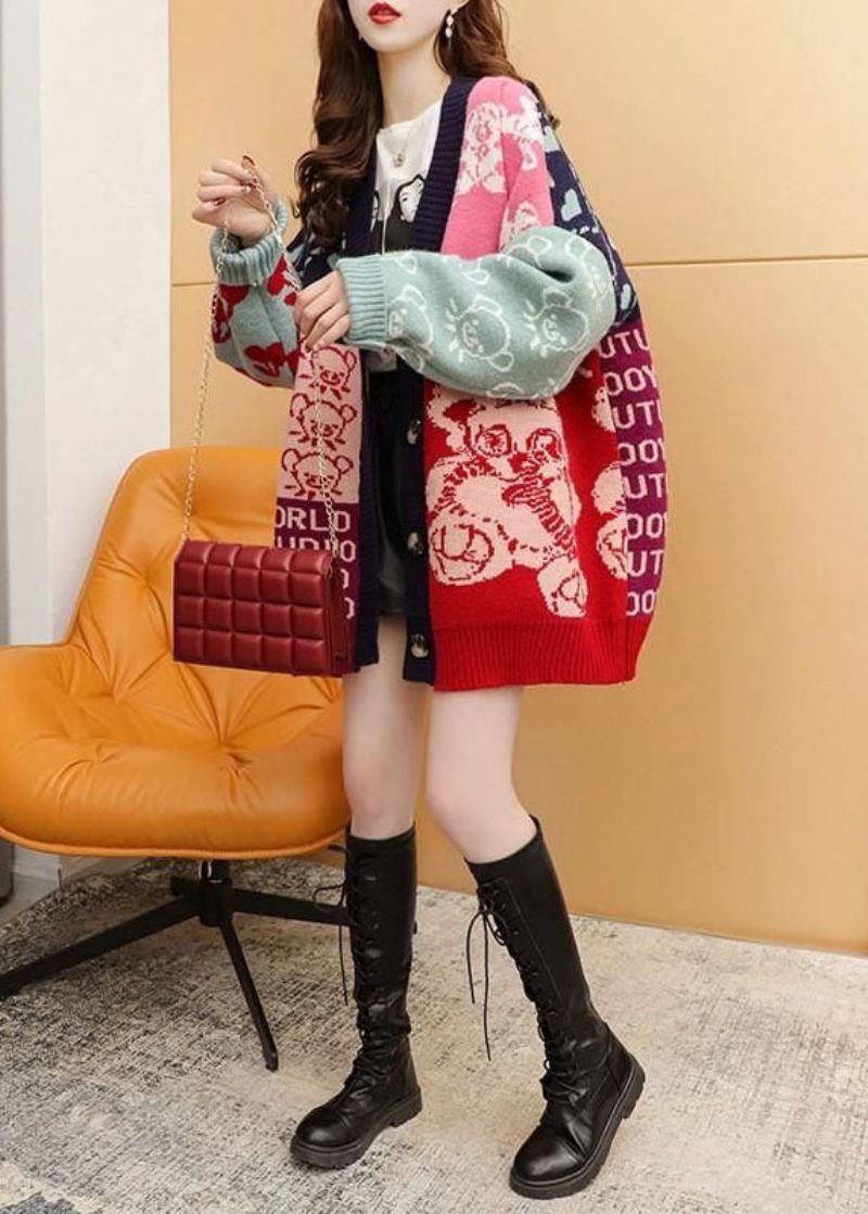 Bohemian Colorblock Oversized Patchwork Jacquard Knit Cardigan Winter - Cardigans for kvinner