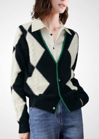 Bohemian Colorblock V-hals Patchwork Plaid Ull Strikk Cardigan Vinter