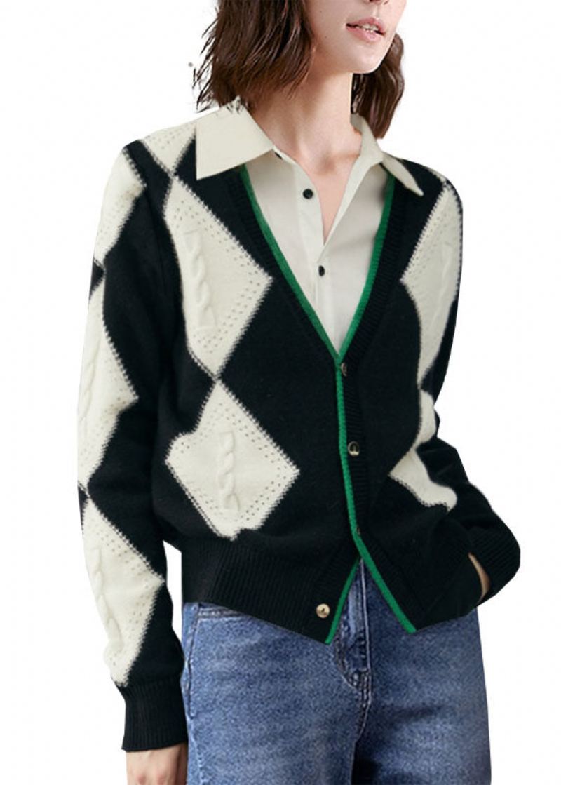 Bohemian Colorblock V-hals Patchwork Plaid Ull Strikk Cardigan Vinter - Cardigans for kvinner