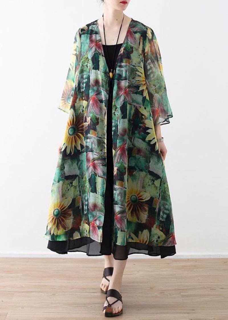 Bohemian Green Print Long Sleeve Chiffon Cardigan