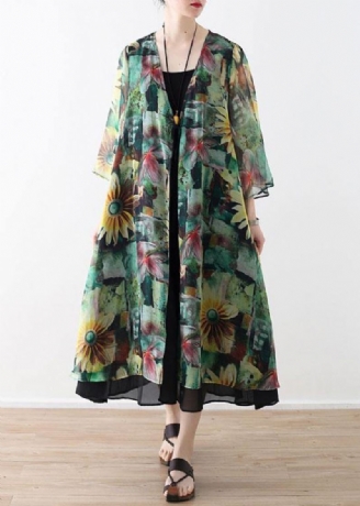 Bohemian Green Print Long Sleeve Chiffon Cardigan