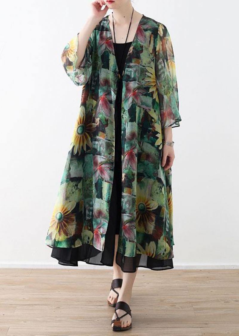 Bohemian Green Print Long Sleeve Chiffon Cardigan - Cardigans for kvinner