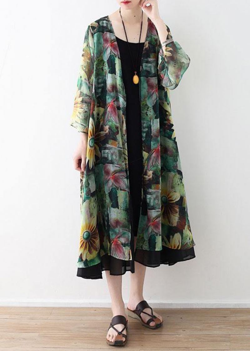 Bohemian Green Print Long Sleeve Chiffon Cardigan - Cardigans for kvinner