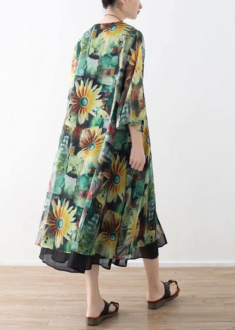 Bohemian Green Print Long Sleeve Chiffon Cardigan - Cardigans for kvinner